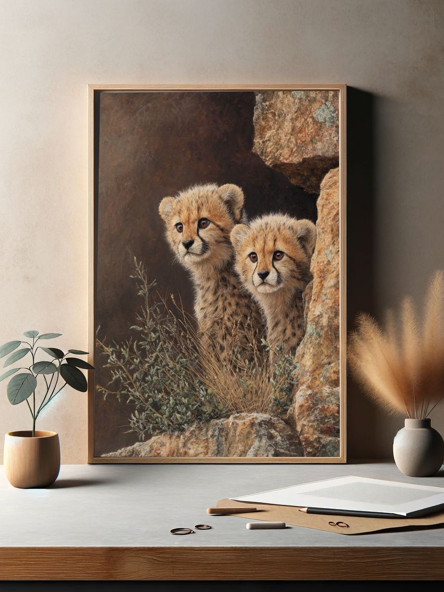 Cheetah Cubs in Rock Shelter Print. — room view 2