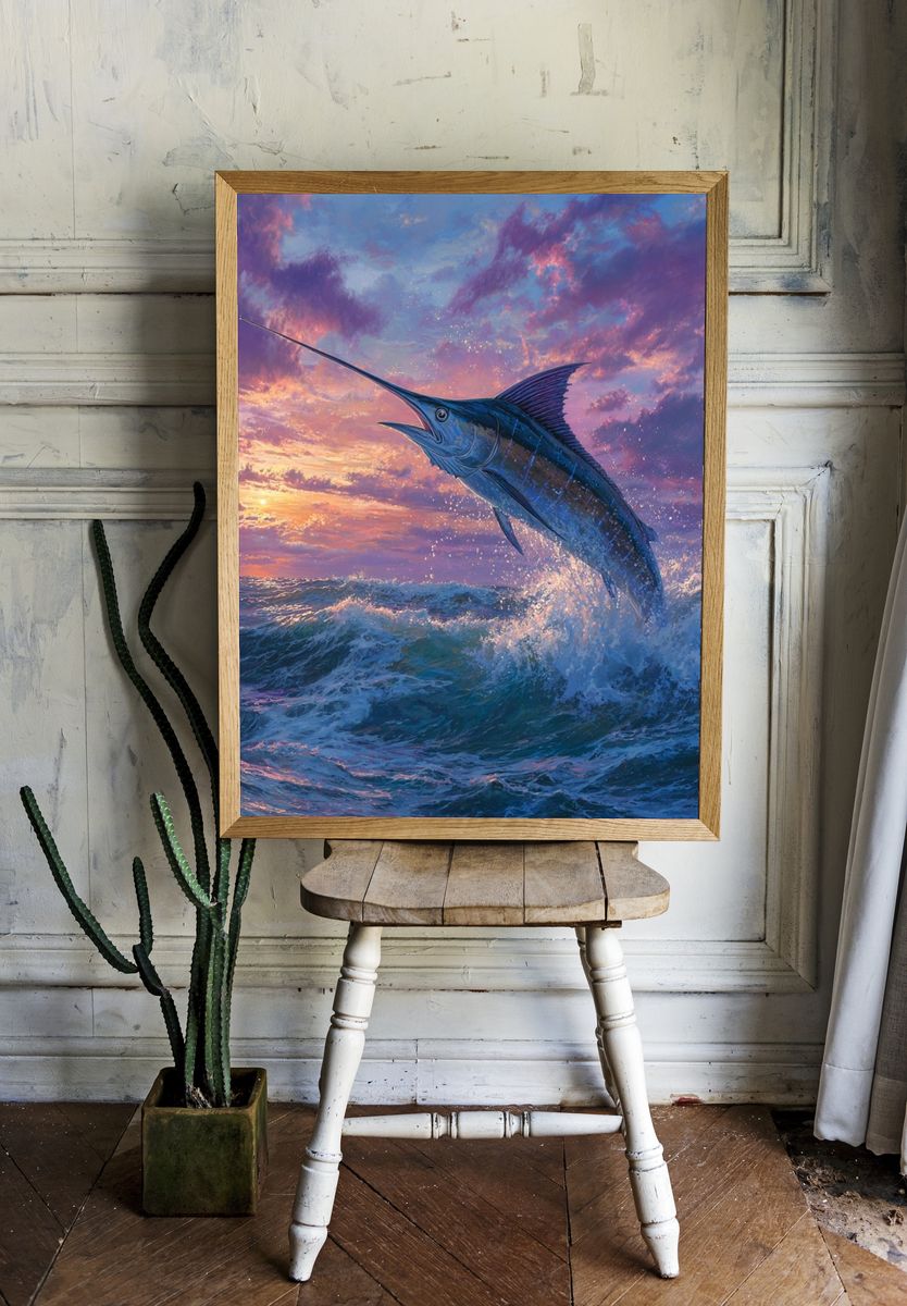 Leaping Marlin Sunset Print. — room view 1