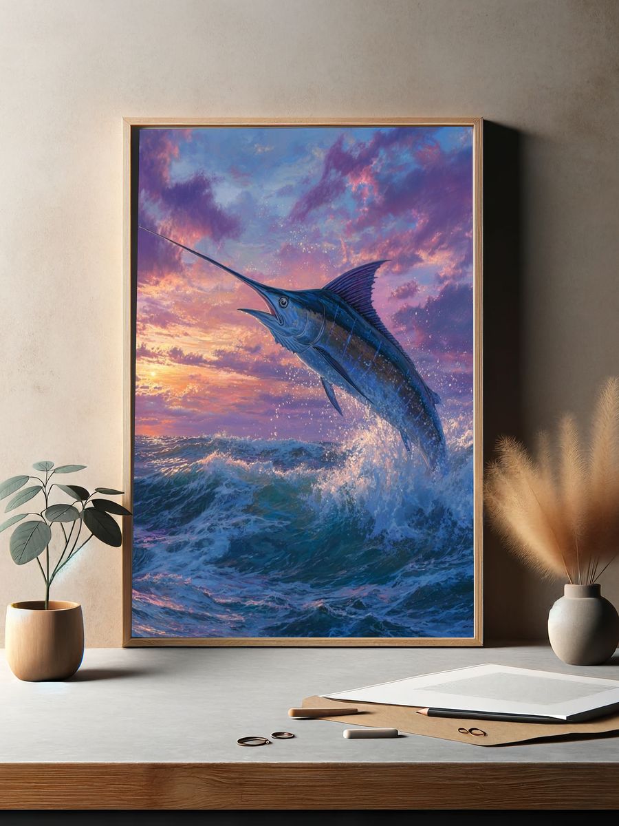 Leaping Marlin Sunset Print. — room view 2
