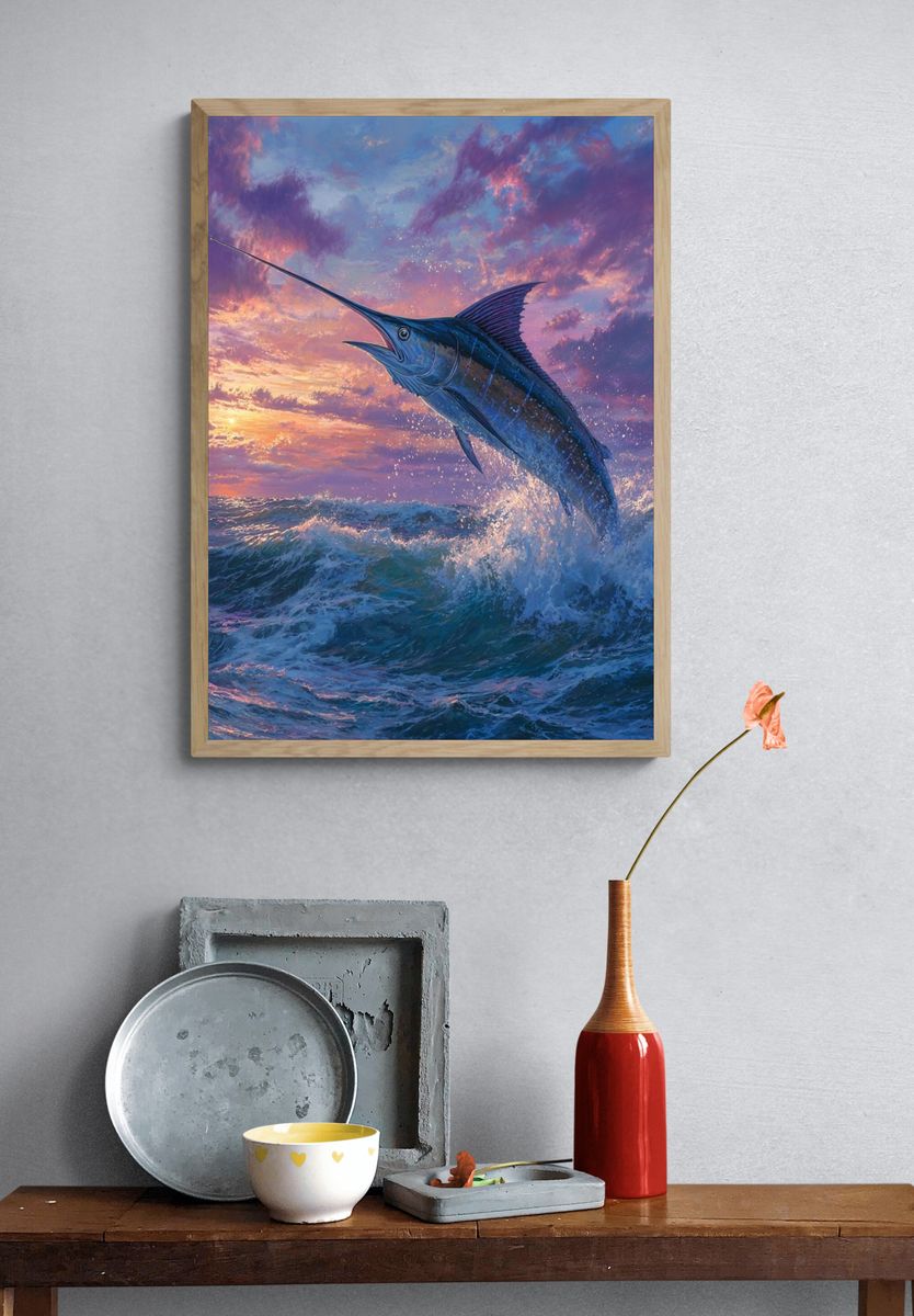 Leaping Marlin Sunset Print. — room view 3