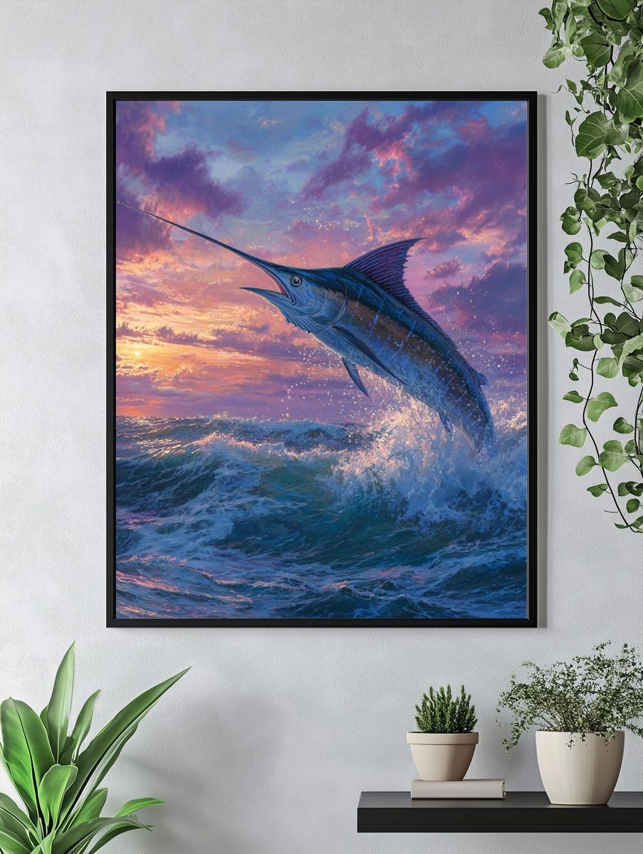 Leaping Marlin Sunset Print. — room view 4