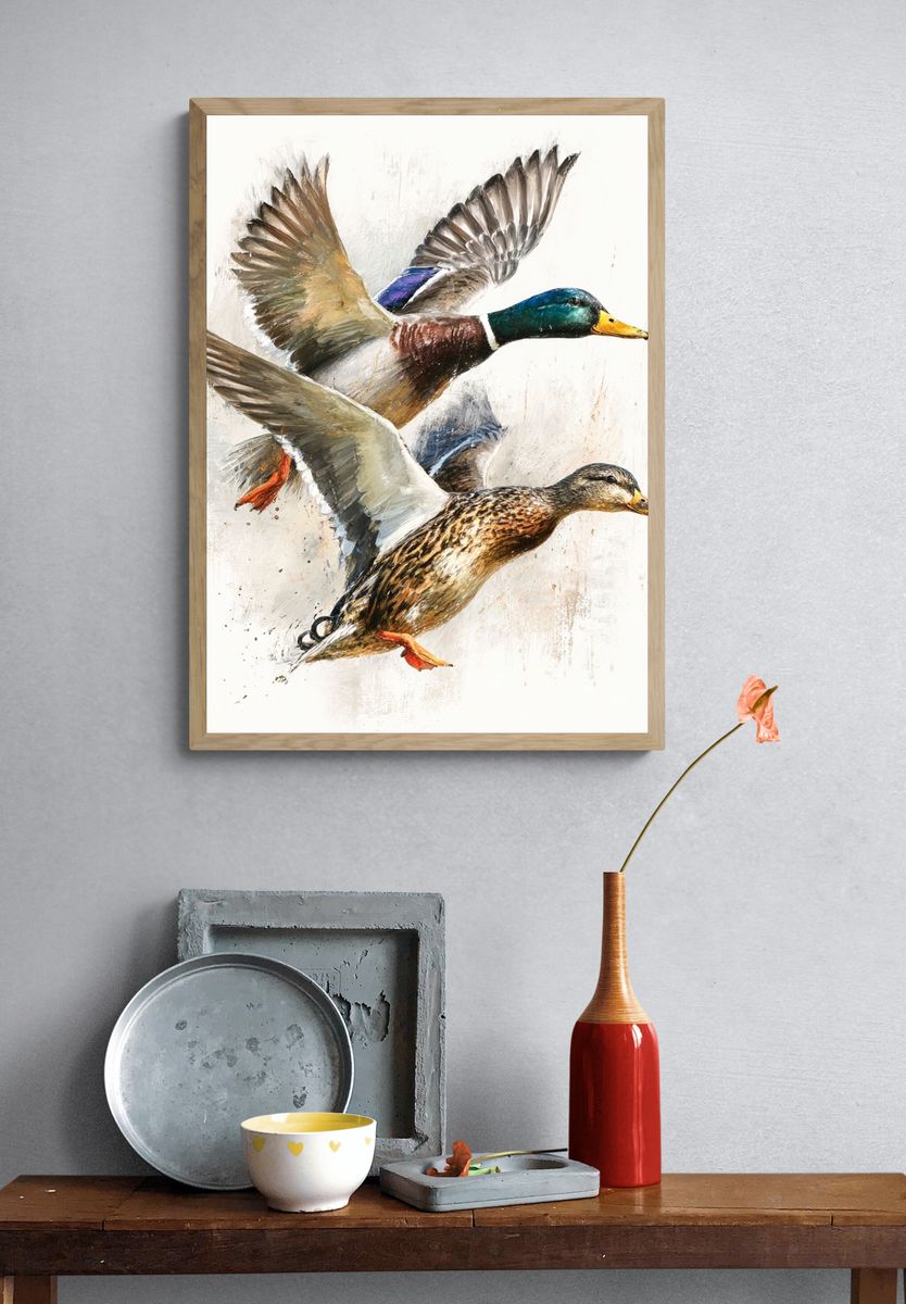 Flying Ducks Watercolor Print. — room view 3