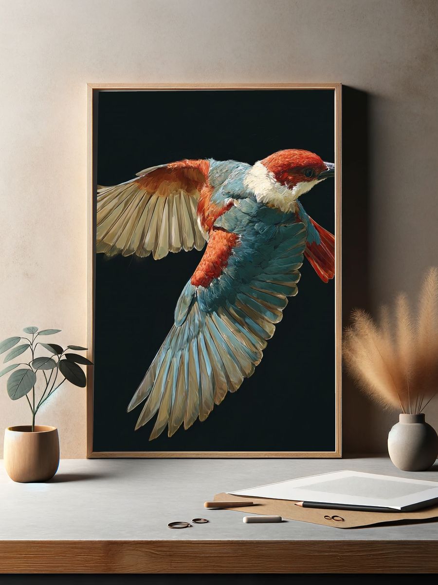 Red-Capped Bird in Flight Print. — room view 2