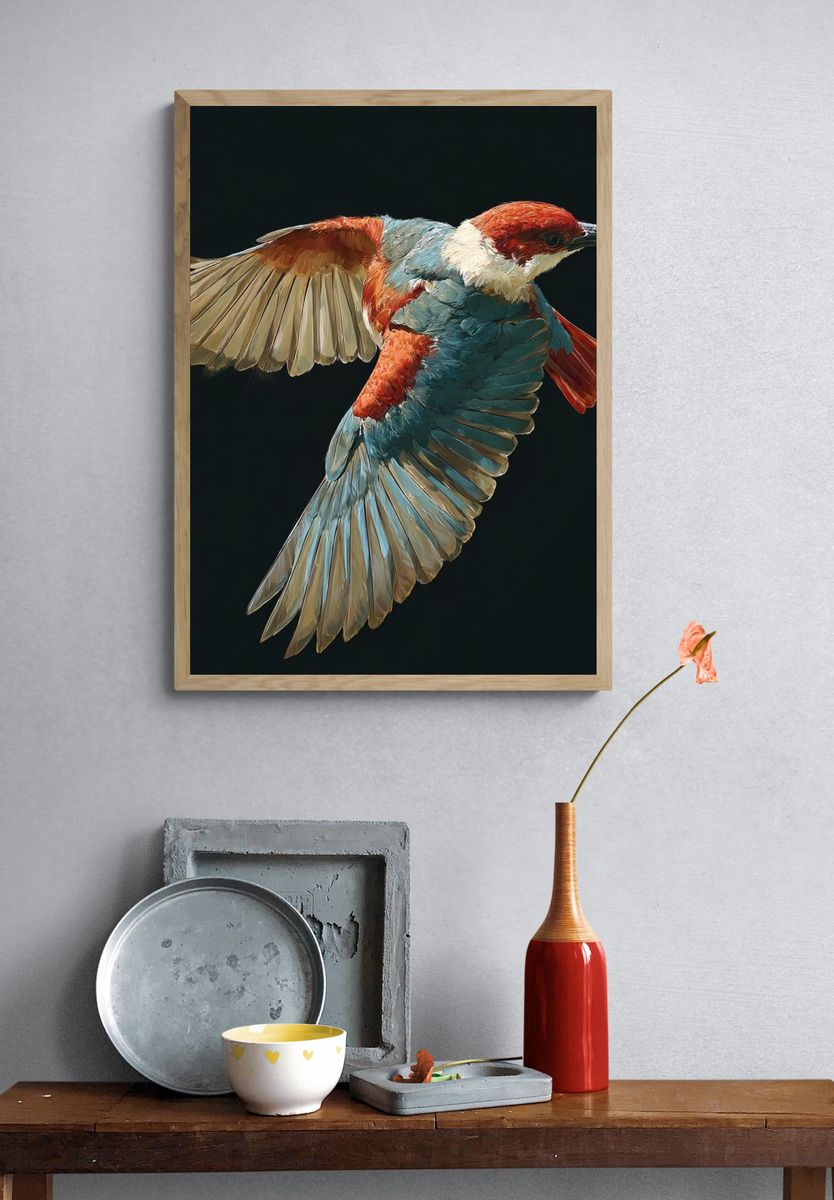 Red-Capped Bird in Flight Print. — room view 3