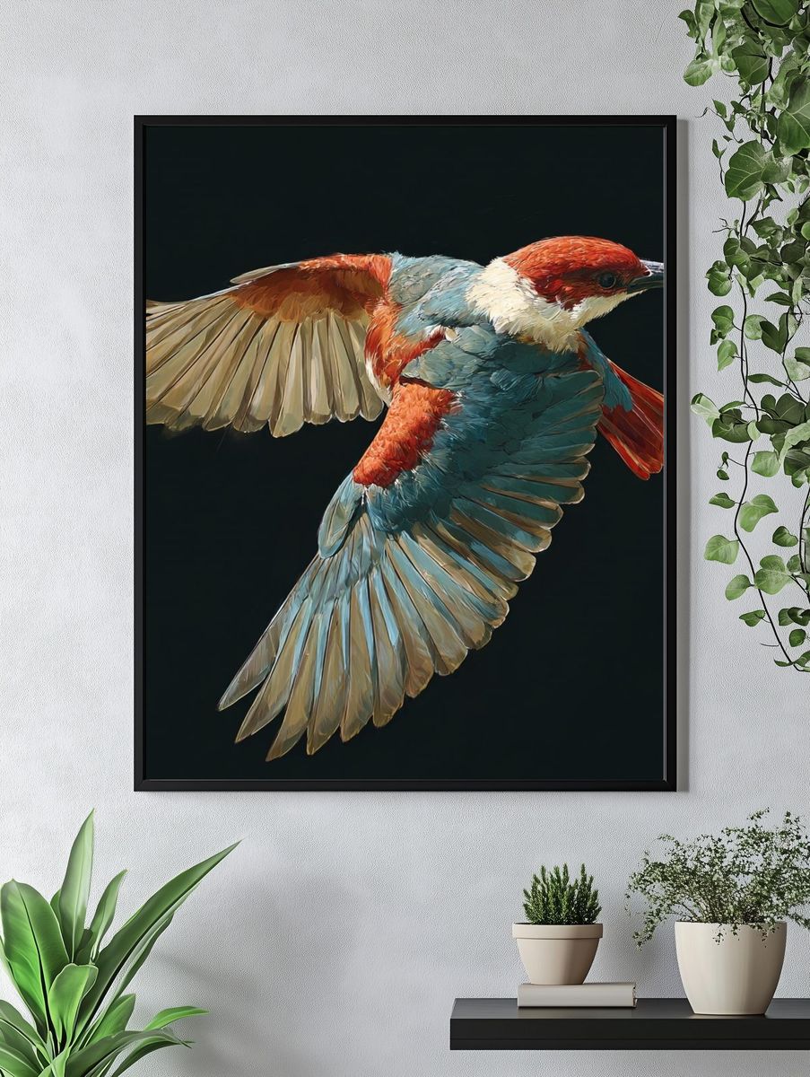 Red-Capped Bird in Flight Print. — room view 4