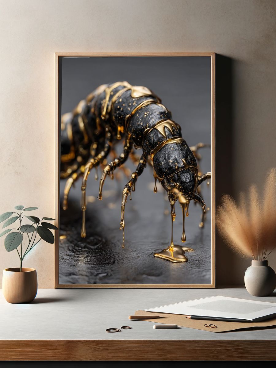 Golden Caterpillar Photography Poster. — room view 2