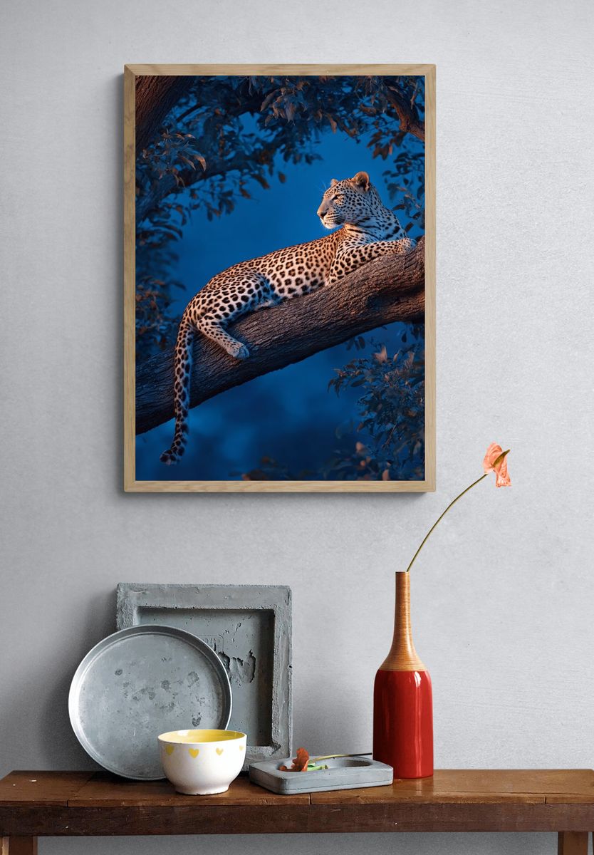 Leopard in Blue Forest — Photography Print. — room view 3