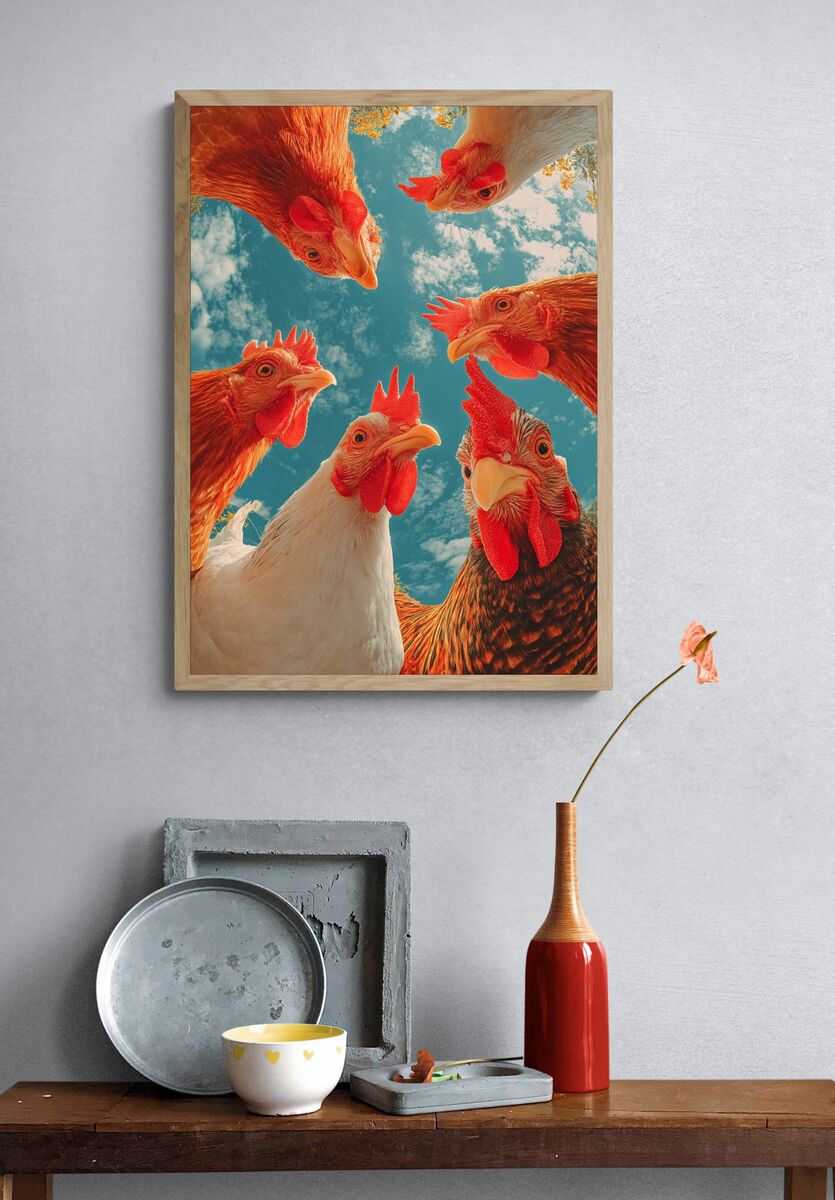 Chickens Gathering — Animal Photography Poster. — room view 3