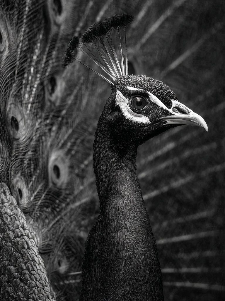 Majestic Peacock — Black-White Print. poster — animals art