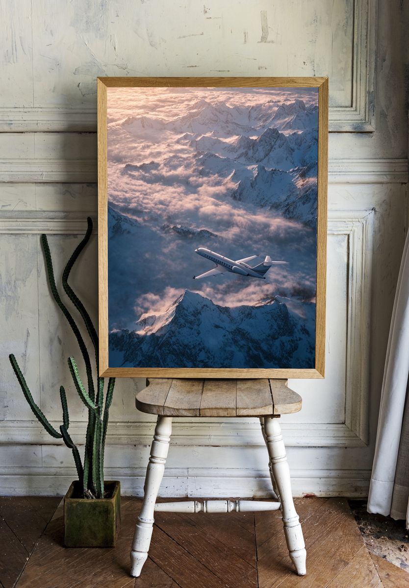 Airplane Over Snowy Mountains — Photography Print. — room view 1