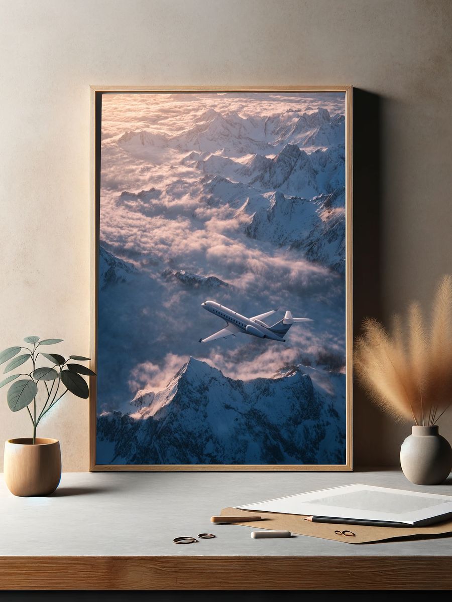 Airplane Over Snowy Mountains — Photography Print. — room view 2