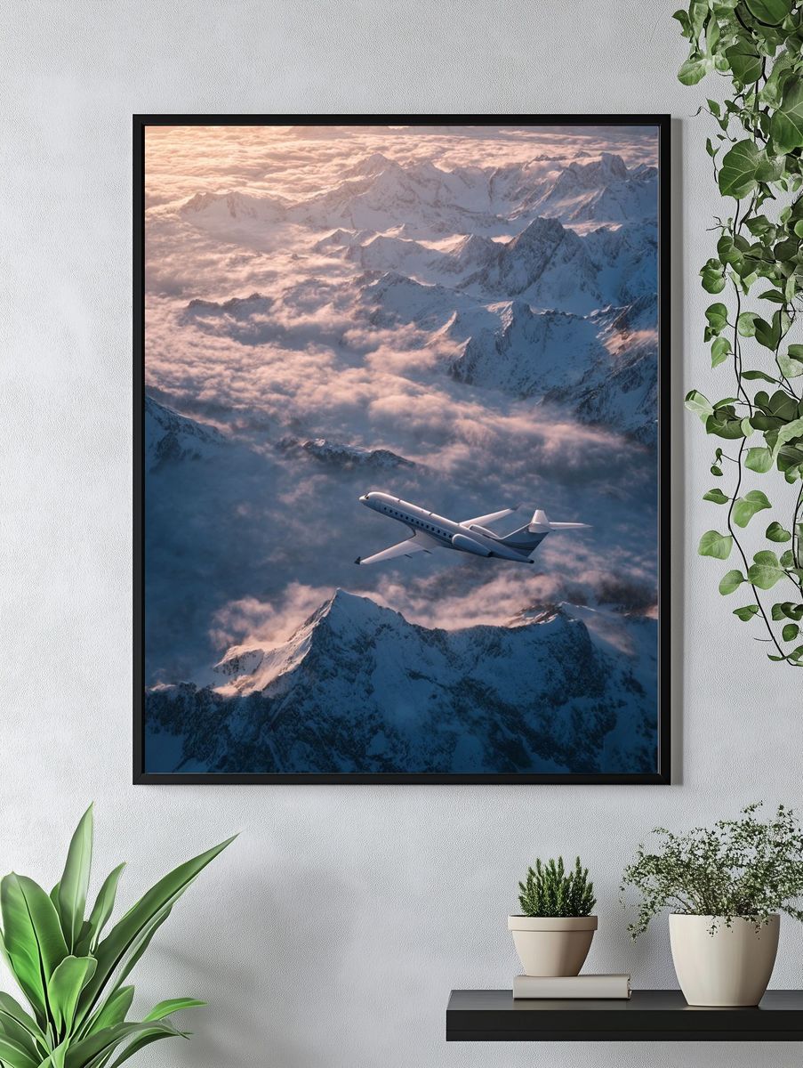 Airplane Over Snowy Mountains — Photography Print. — room view 4