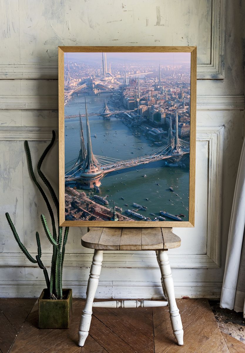 Futuristic River Cityscape Print. room preview