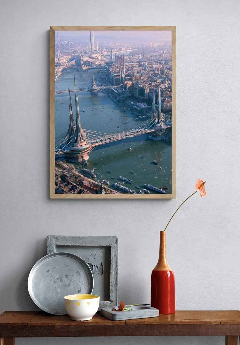 Futuristic River Cityscape Print. — room view 3