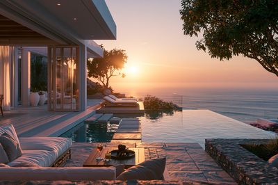 Oceanfront Sunset Villa Photography Poster.