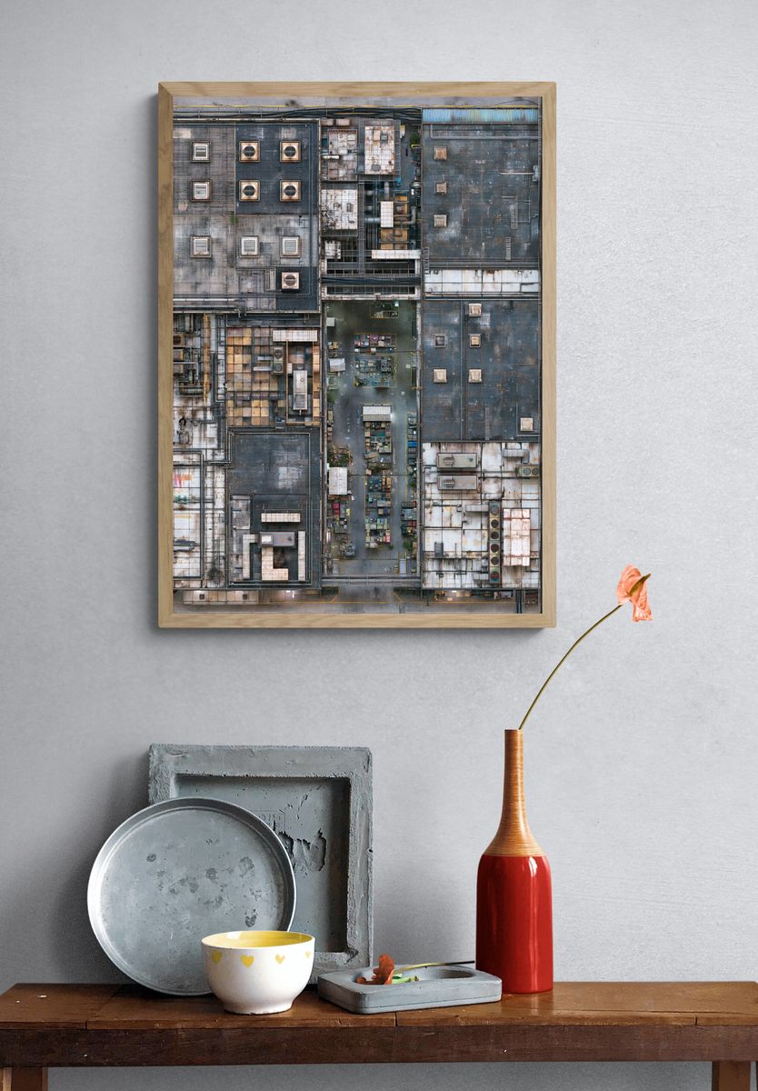 Industrial Rooftop Grid Architecture Print. — room view 3