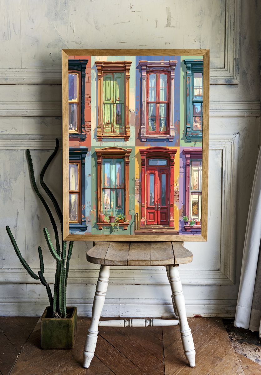 Colorful Brownstone Windows Illustration Poster. room preview