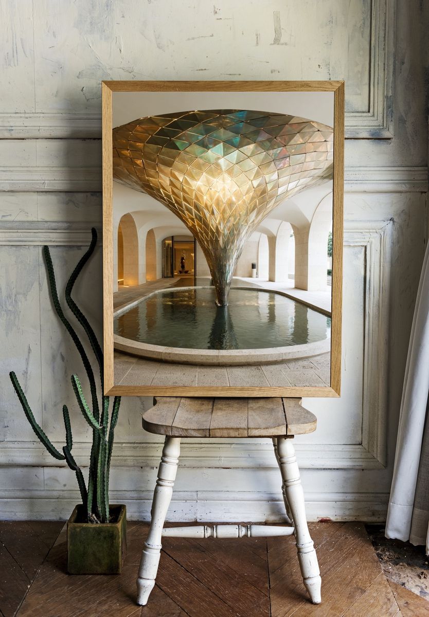 Golden Architectural Fountain Print. — room view 1