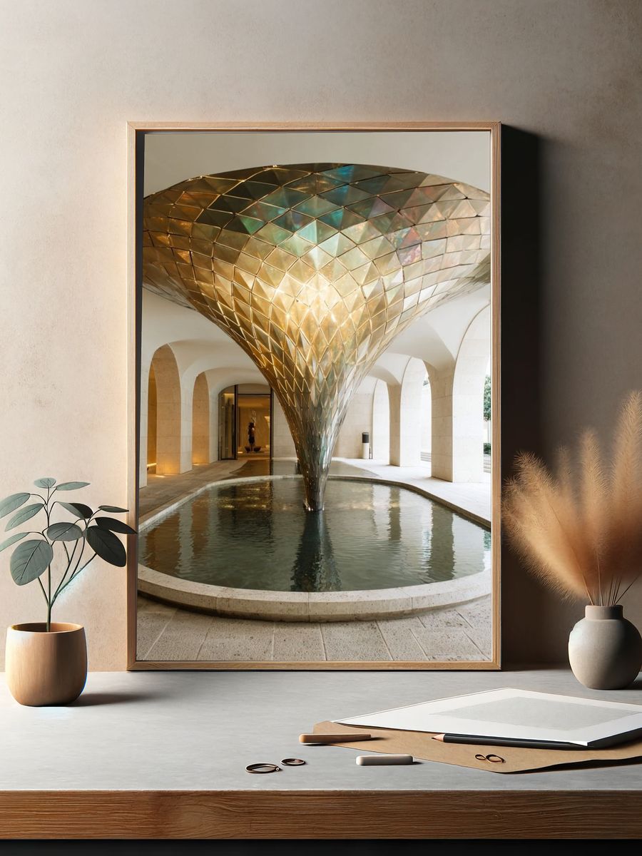 Golden Architectural Fountain Print. — room view 2