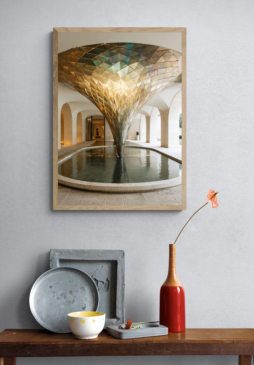 Golden Architectural Fountain Print. — room view 3