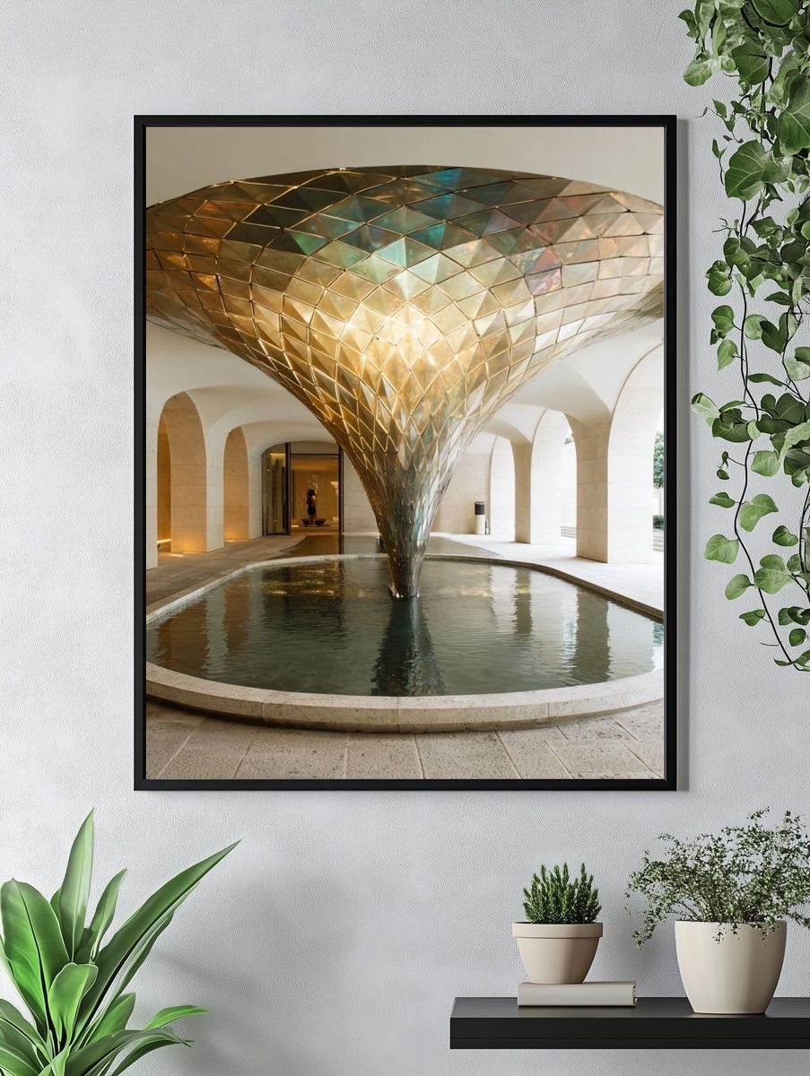 Golden Architectural Fountain Print. — room view 4