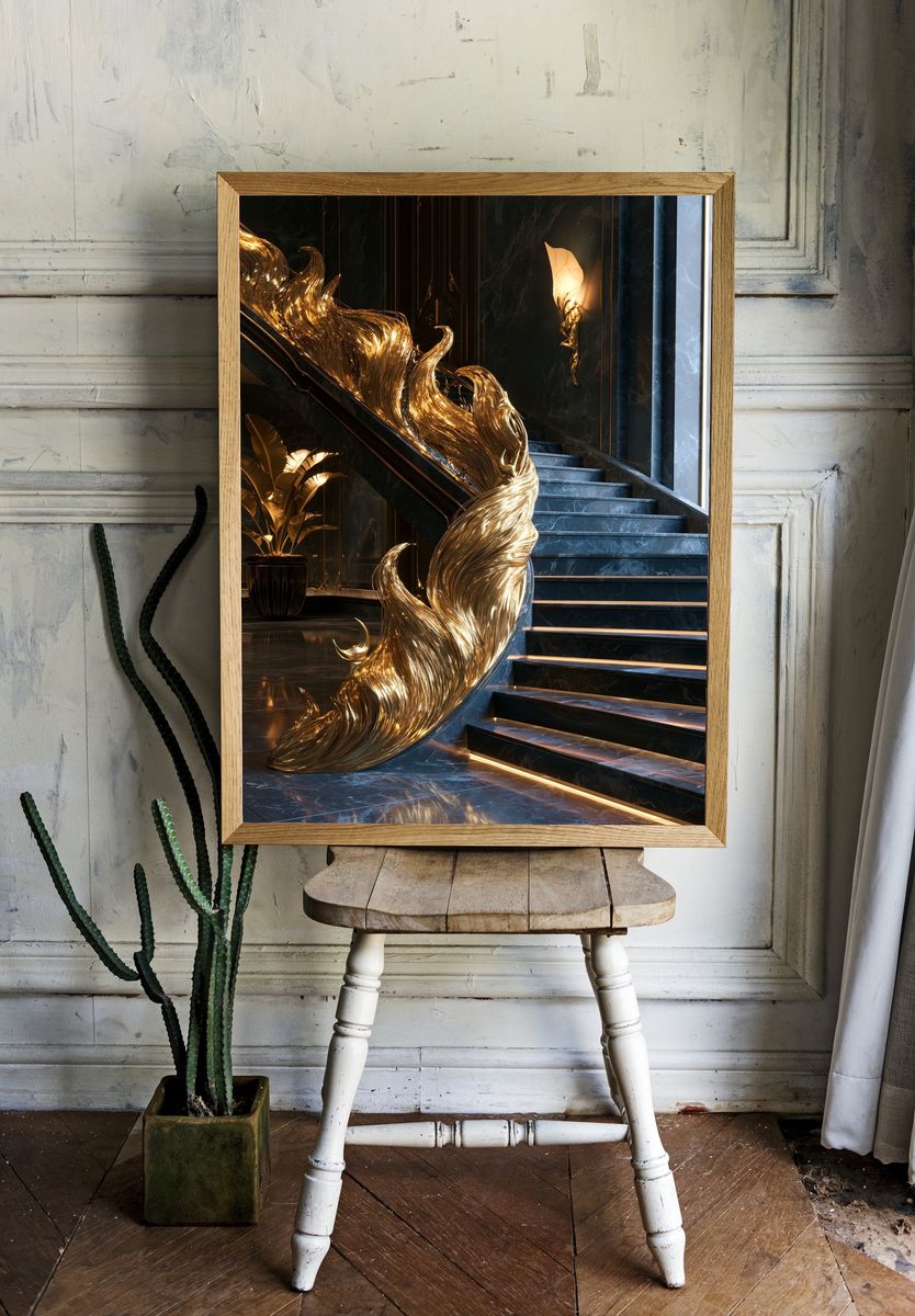 Golden Staircase Sculpture Print. room preview