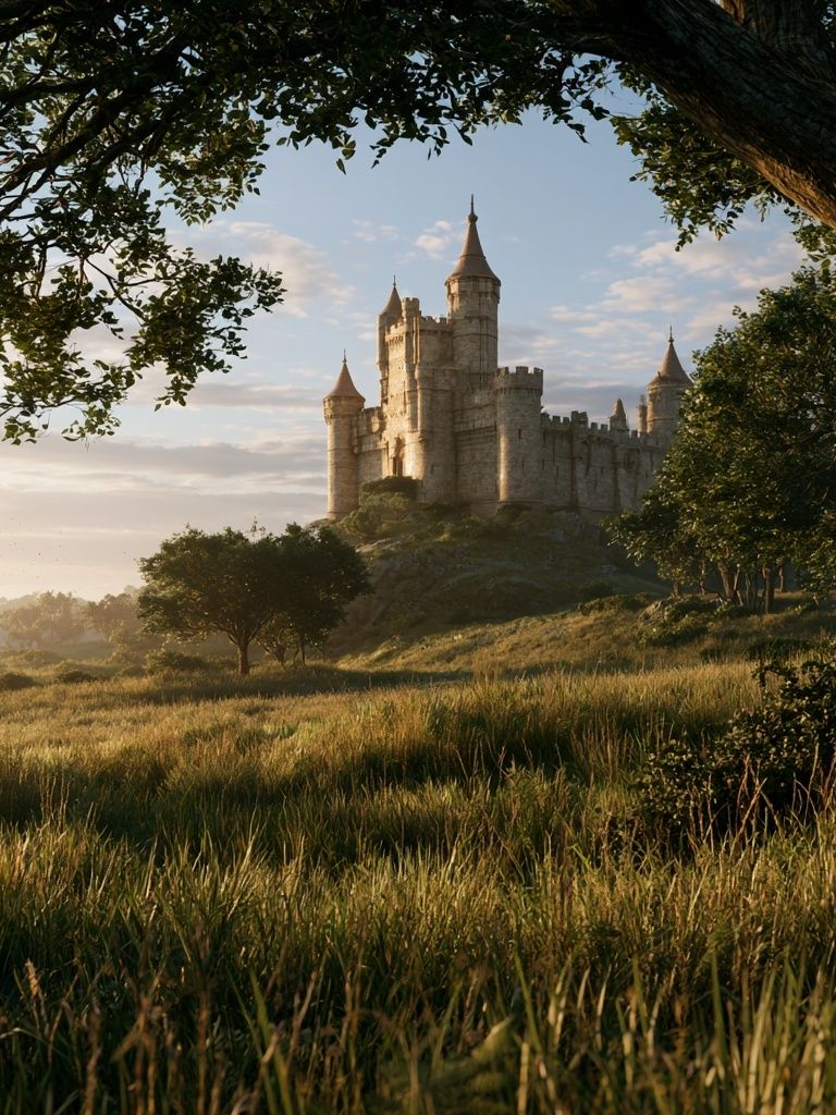 Sunlit Castle Landscape Poster. poster detail