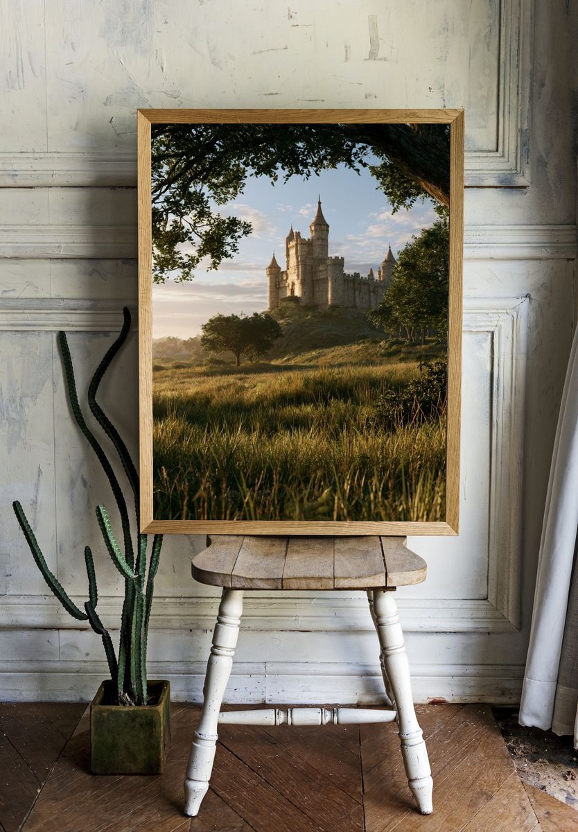 Sunlit Castle Landscape Poster. room preview