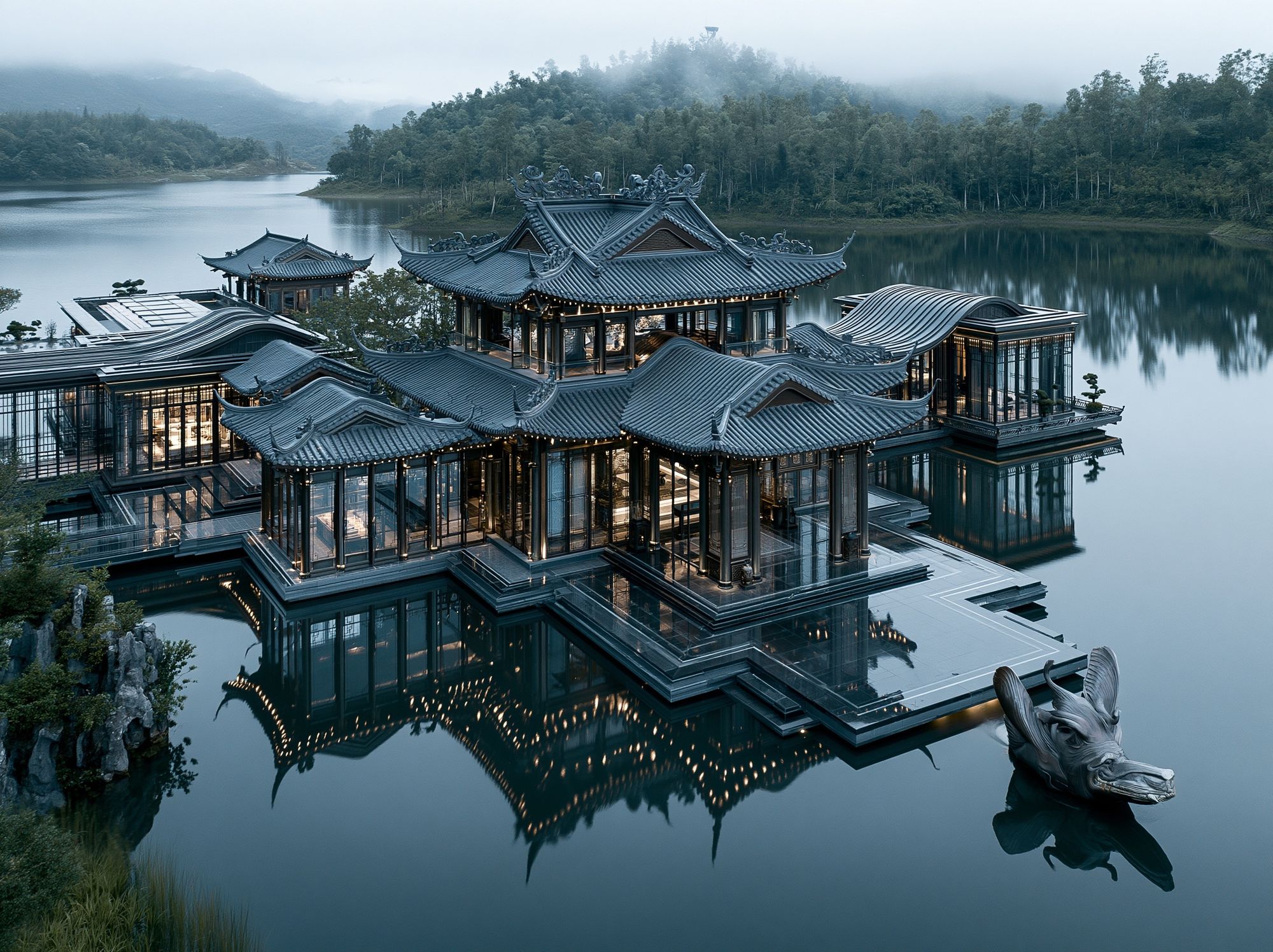 Misty Lakeside Temple Architecture Print. poster detail