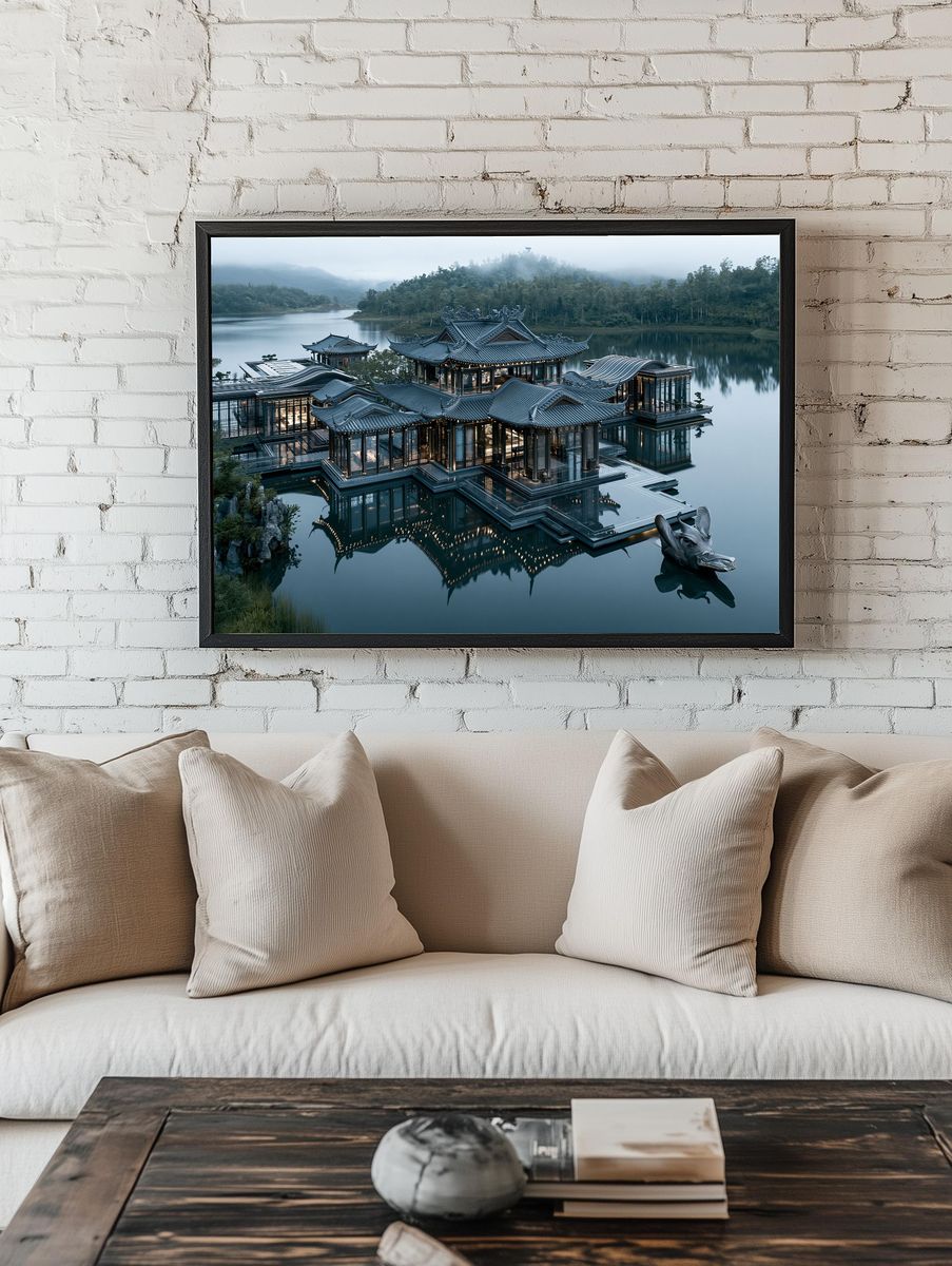 Misty Lakeside Temple Architecture Print. room preview