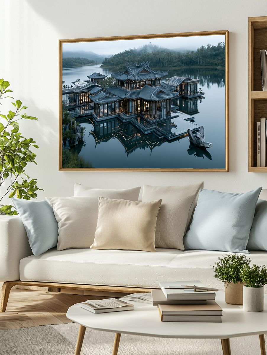Misty Lakeside Temple Architecture Print. — room view 2