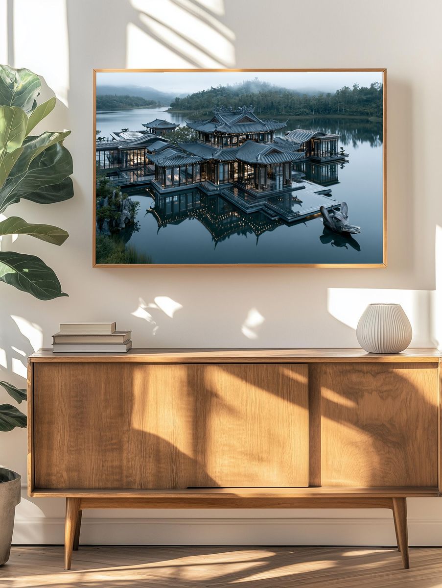 Misty Lakeside Temple Architecture Print. — room view 3