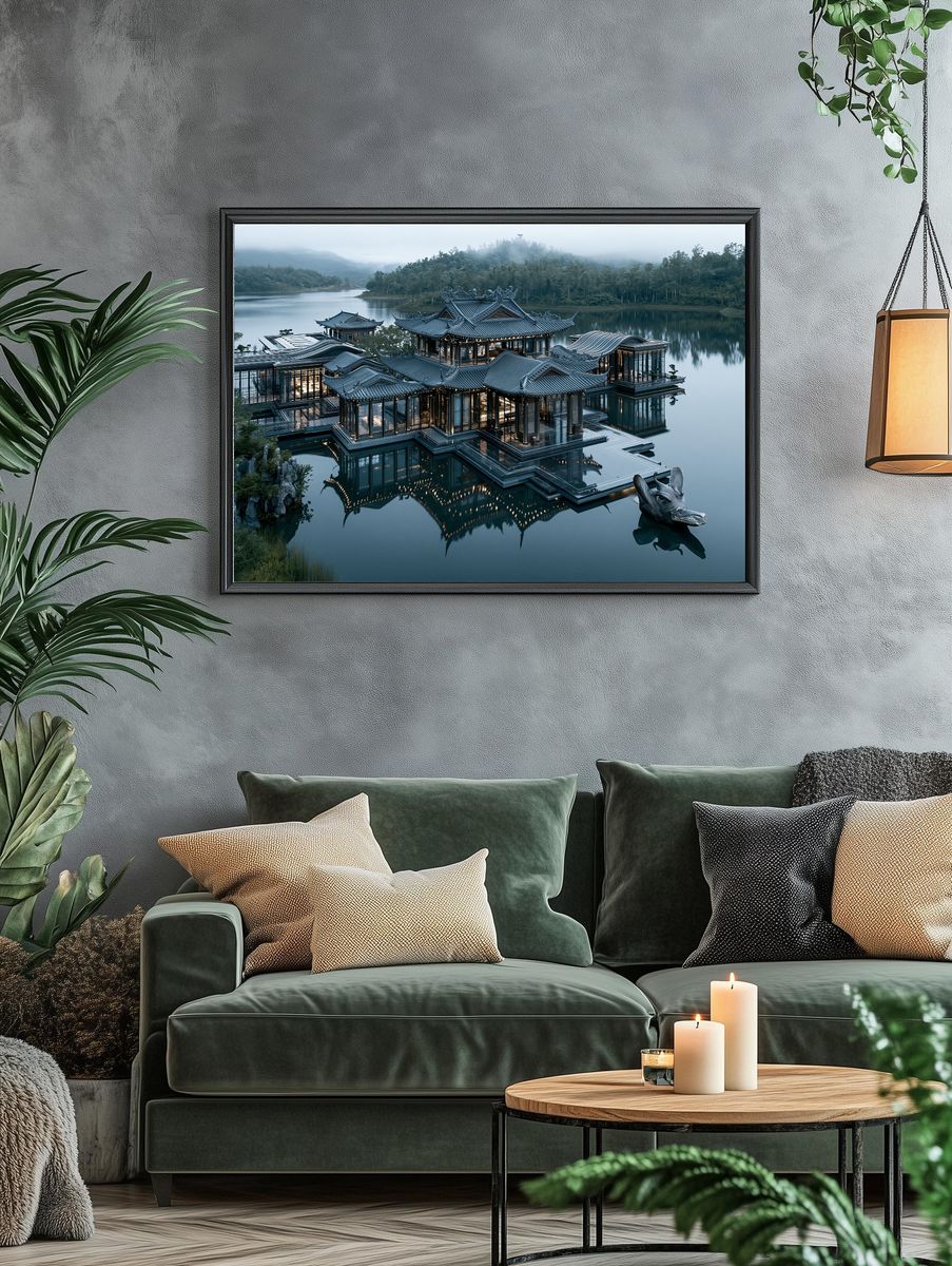 Misty Lakeside Temple Architecture Print. — room view 4