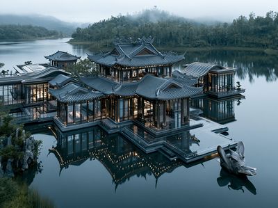 Misty Lakeside Temple Architecture Print.