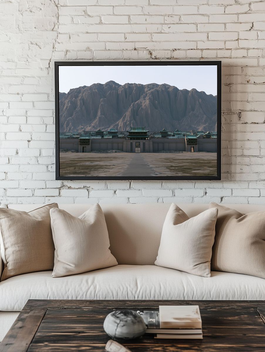 Ancient Fortress Mountain Landscape Print. room preview