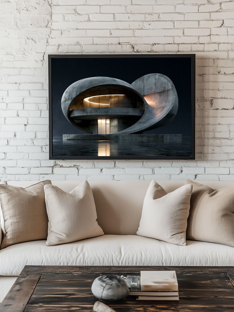 Futurist Concrete Pavilion Architecture Print. — room view 1