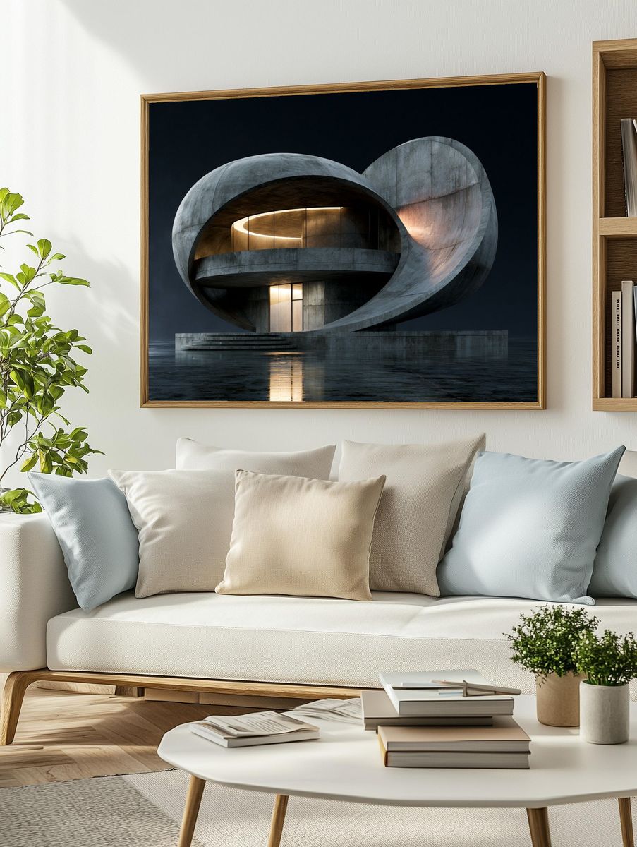 Futurist Concrete Pavilion Architecture Print. — room view 2