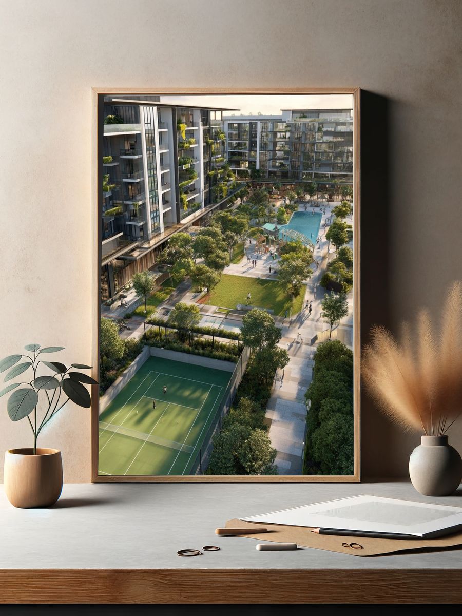 Modern Courtyard Resort Architecture Poster. — room view 2
