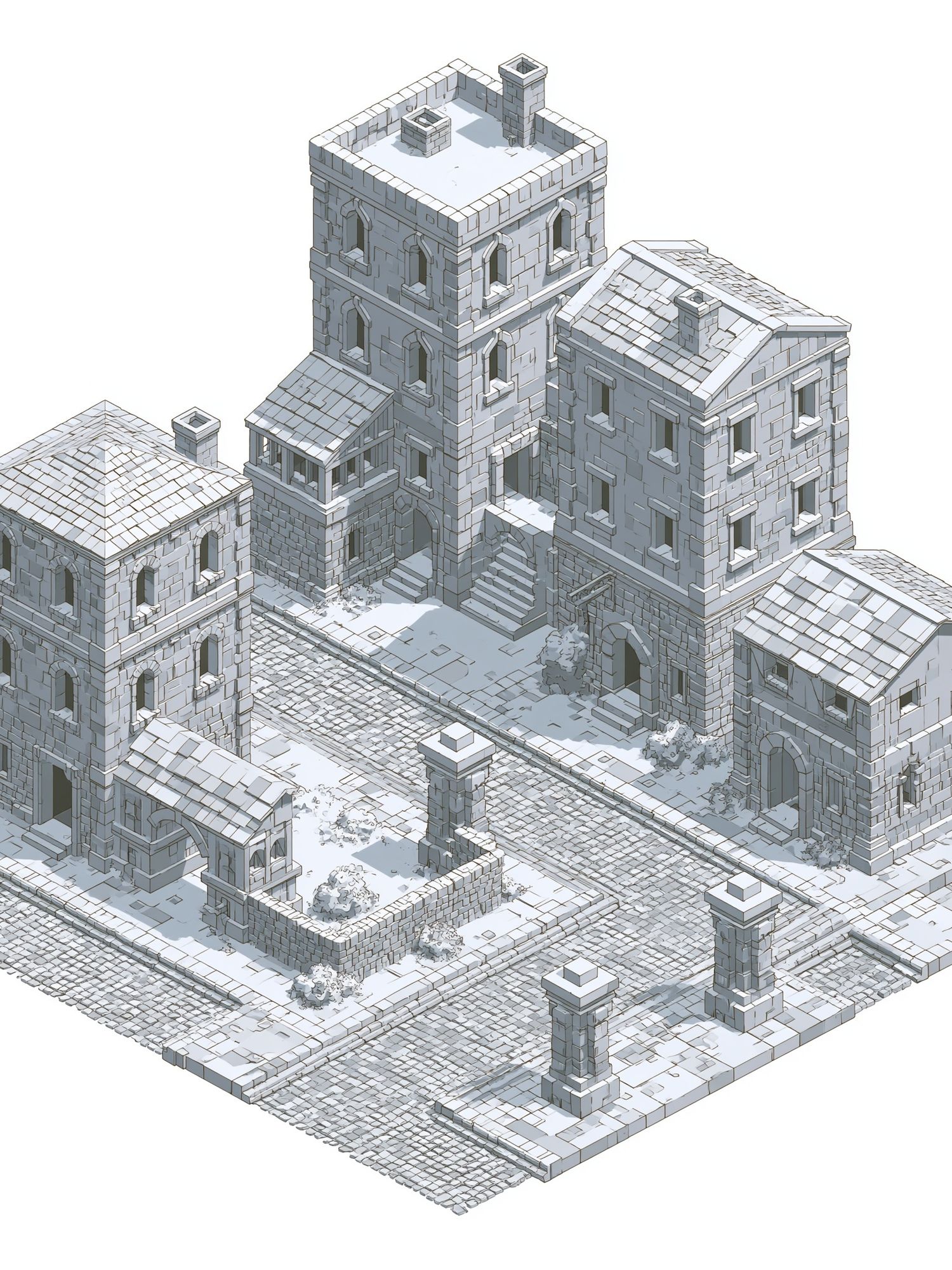 Isometric Stone Village Architecture Print. poster detail