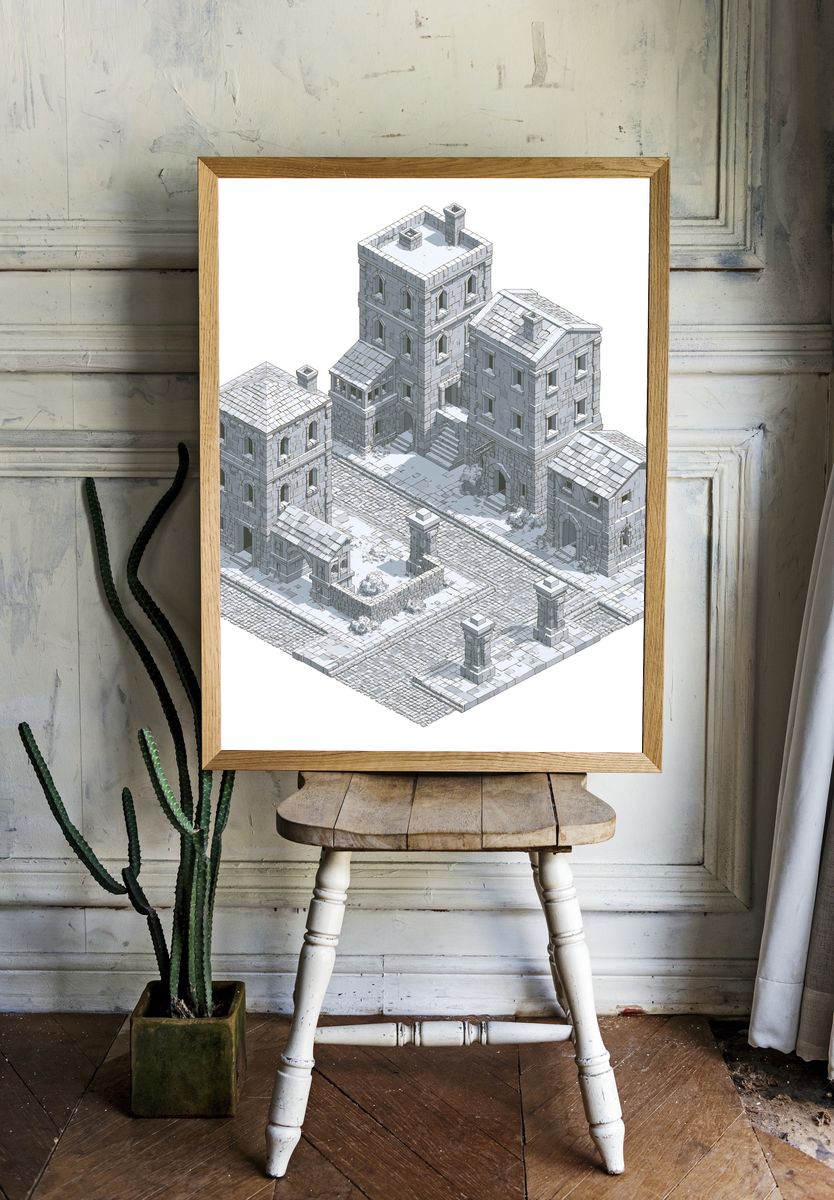 Isometric Stone Village Architecture Print. room preview
