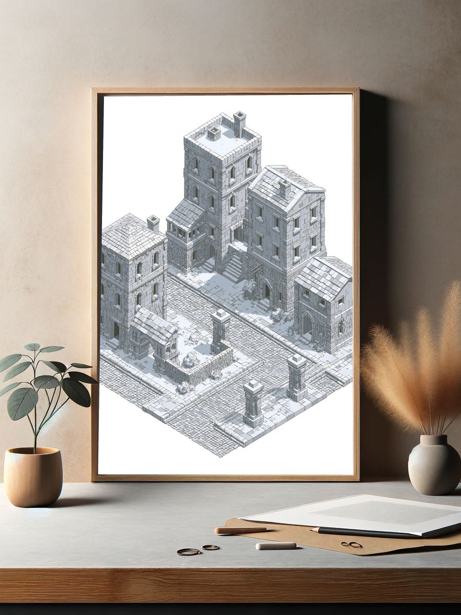 Isometric Stone Village Architecture Print. — room view 2