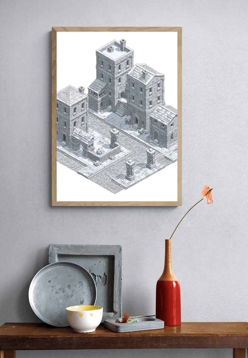 Isometric Stone Village Architecture Print. — room view 3
