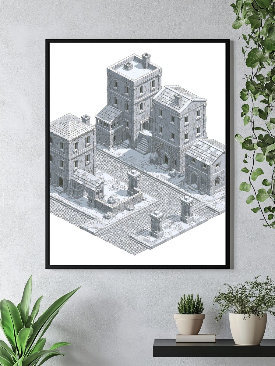 Isometric Stone Village Architecture Print. — room view 4