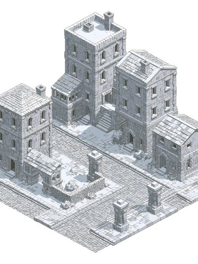 Isometric Stone Village Architecture Print.
