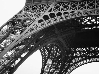 Bottom Eiffel Tower cloudy day.