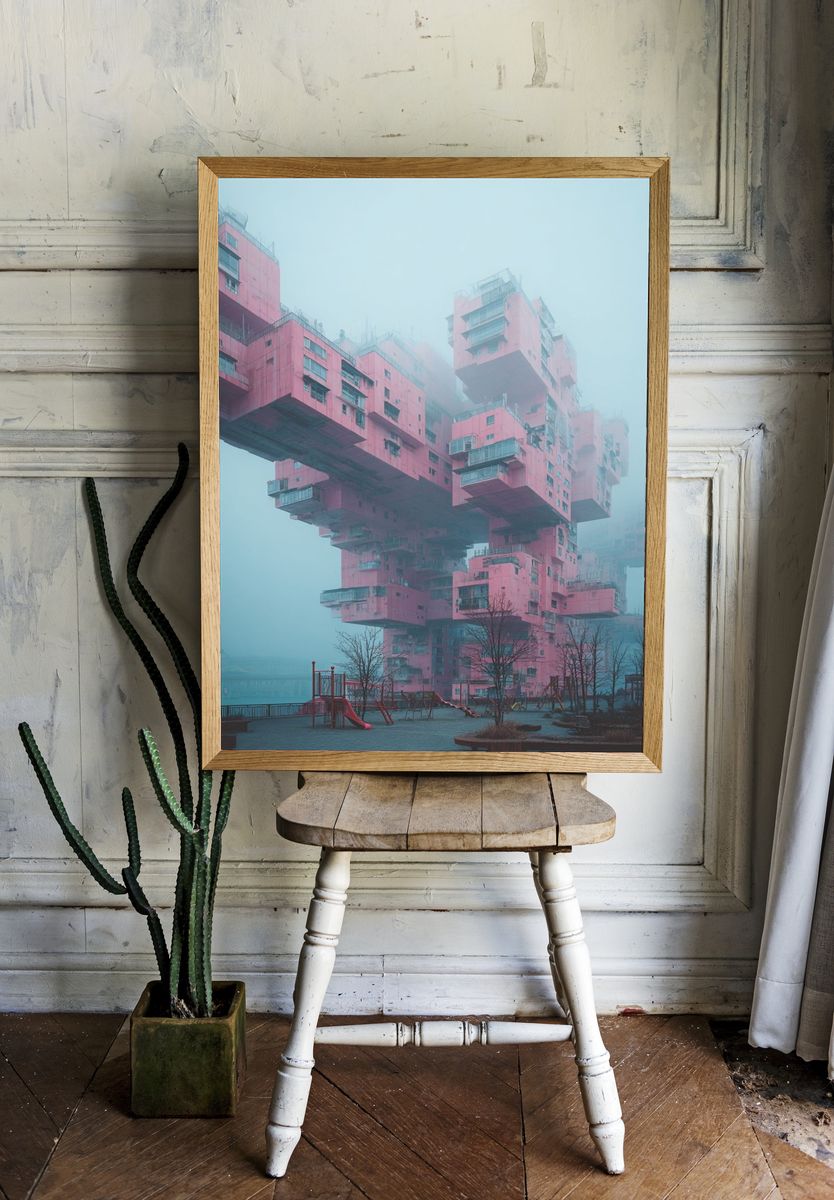 Foggy Pink Brutalist Towers Poster. room preview