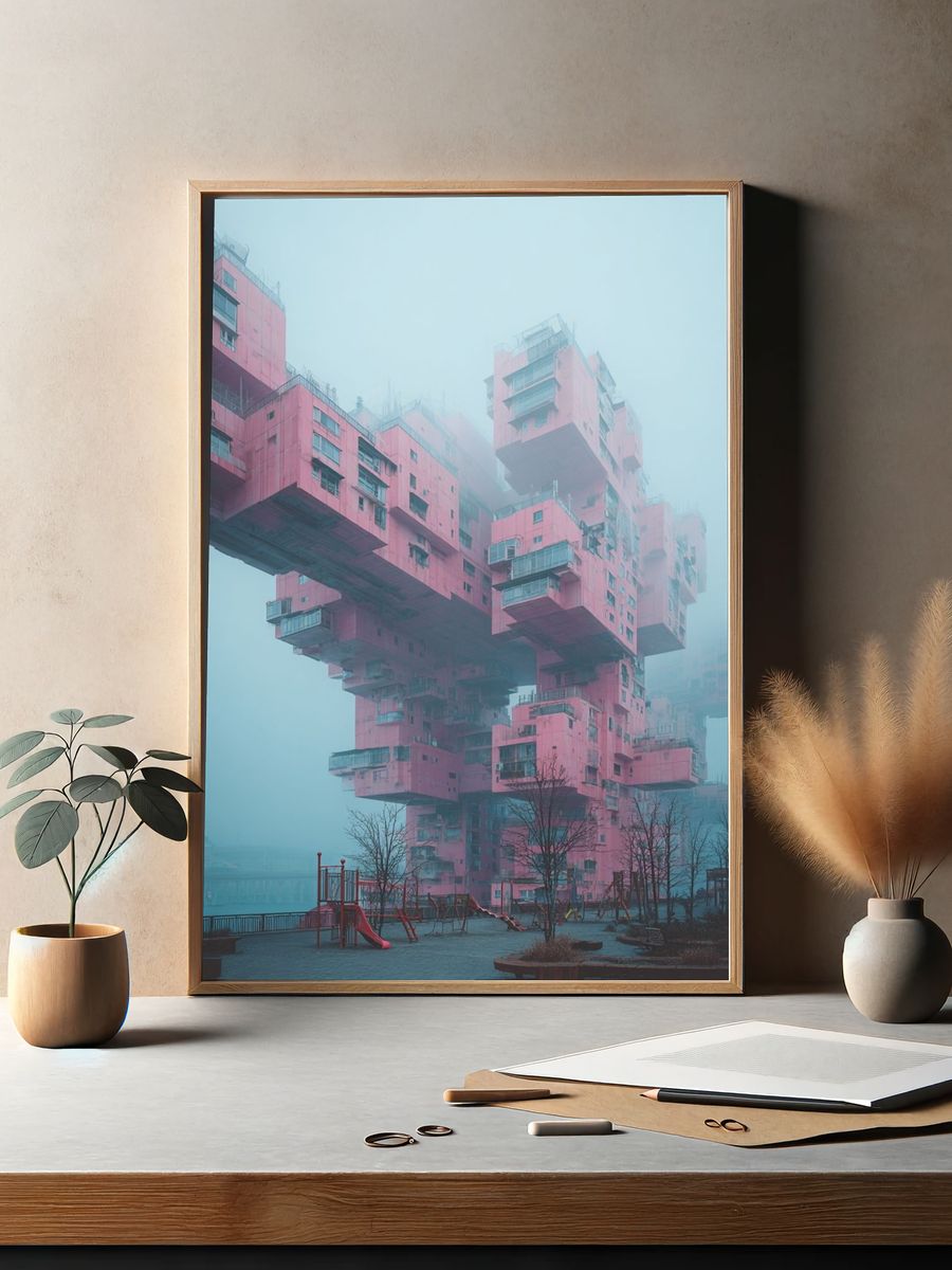 Foggy Pink Brutalist Towers Poster. — room view 2