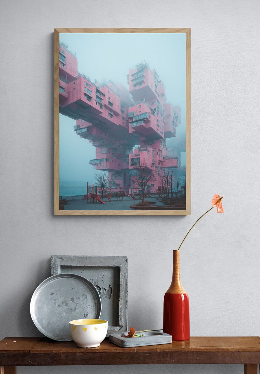 Foggy Pink Brutalist Towers Poster. — room view 3