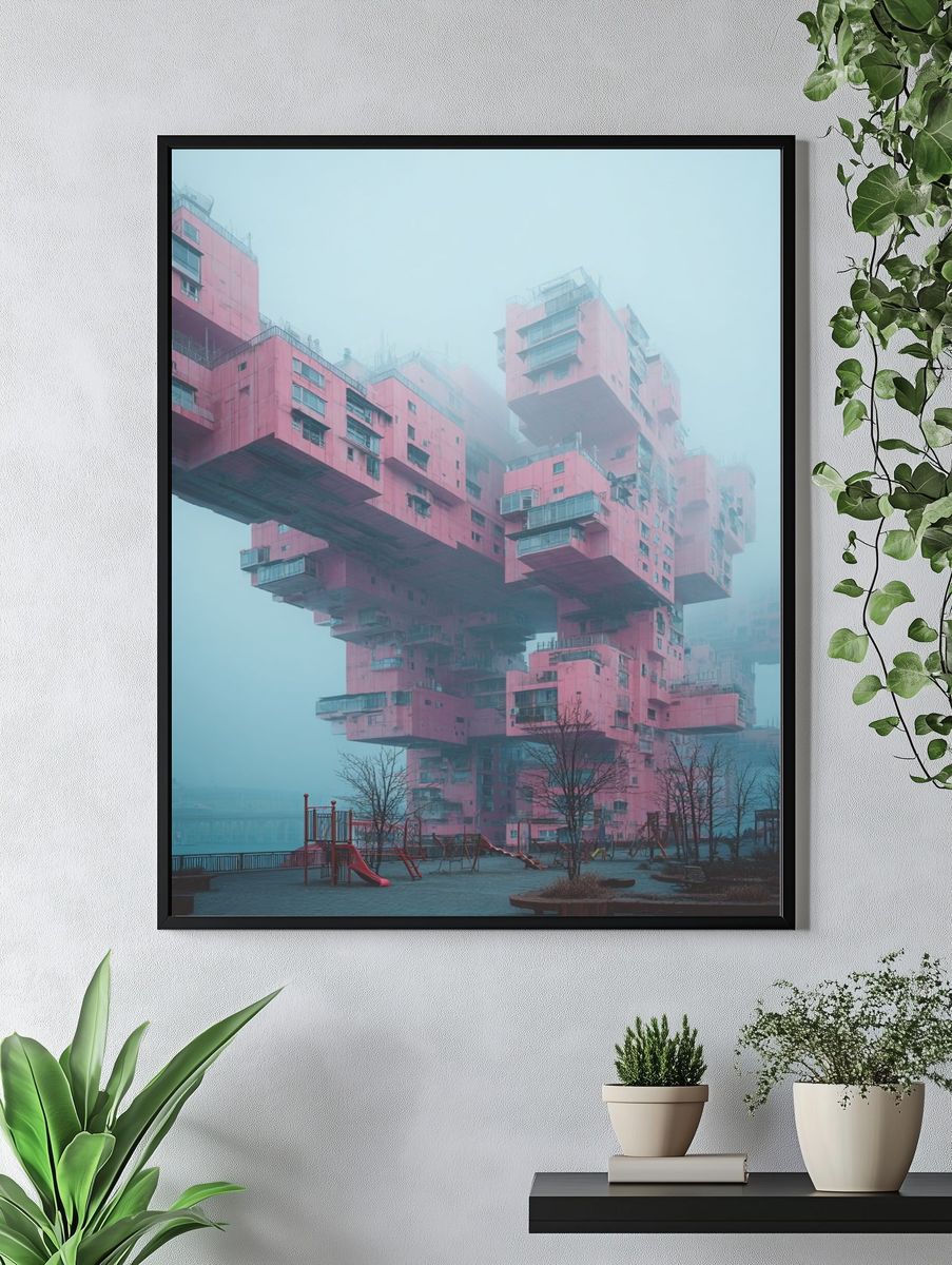 Foggy Pink Brutalist Towers Poster. — room view 4