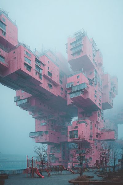 Foggy Pink Brutalist Towers Poster.